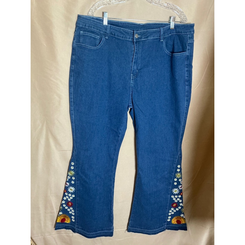 Unbranded Flare Jeans Womens 4XL Blue Excellent Boho Floral Embroidered Denim